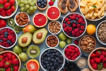 Assorted fruits and nuts on table Generative AI - obrazy, fototapety, plakaty