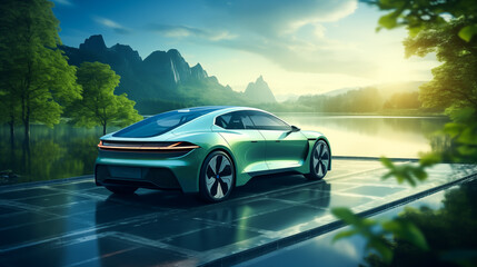 Naklejka premium EV Car or electric power car and solar cells for electricity generation. Electric vehicle, Clean energy filling technology, Charging technology. Saving, climate change. Renewable energy concept 
