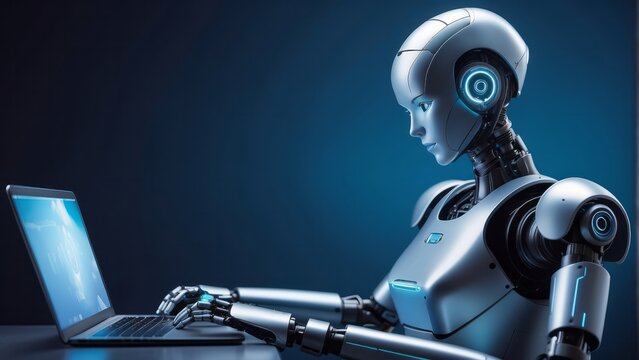 female robot using laptop for online study, educational webinar