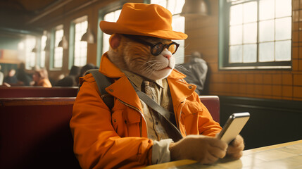 An orange cat using a mobile phone while waiting for food or an appointment at restaurant - obrazy, fototapety, plakaty