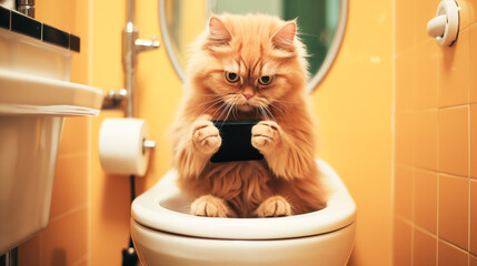 A funny orange cat in toilets using smartphone