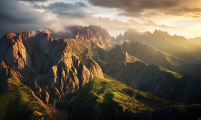 light and shadow on the rocky slopes of mountains at sunrise  - obrazy, fototapety, plakaty