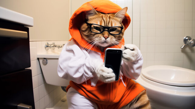 A funny orange cat in toilets using smartphone