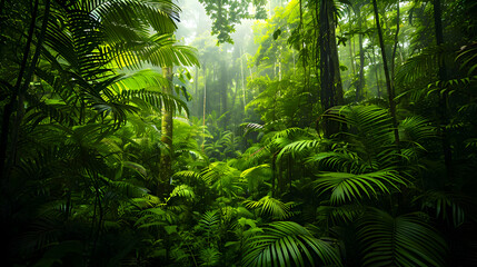 A lush rainforest canopy with vibrant green foliage, teeming with diverse wildlife