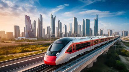 Train moving swiftly through the city, carrying passengers on its tracks and platforms, amidst the bustling transportation network, showcasing the vibrancy of urban travel	