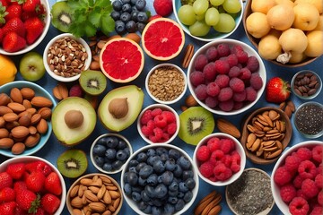 Assorted fruits and nuts on table Generative AI