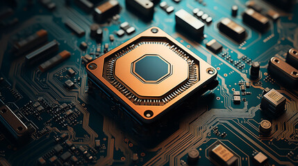 Circuit cyberspace design created, technology, processor chip, tech environment, blockchain. Circuit board provides access control and fingerprint security for cybersecurity	