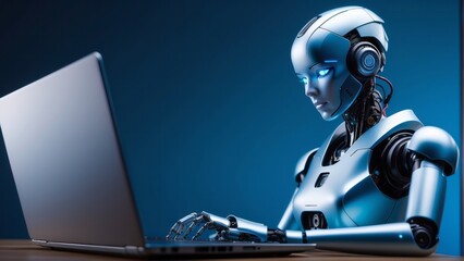 female robot using laptop for online study, educational webinar