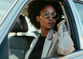 A business woman sitting in a car with sunglasses