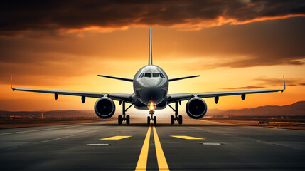 Airplane on airport runway. Airplane landing with beautiful sunset background. Landing airplane