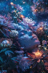Fototapeta na wymiar Serene Slumber Surrounded by Glowing Flowers and Cosmic Elements in a Fantasy Surrealism Art Style