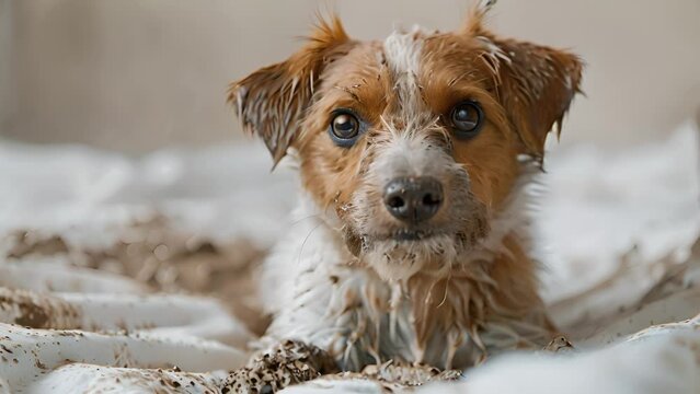 Funny dog and its dirty trails on white sheets bed at home. Dirty dog with mud demolishes sheets 4k video