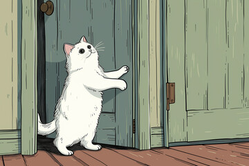 White cat standing on hind legs in front of door, reaching for knob, cartoon
