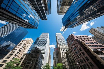 a hyperrealistic low angle view of towering skyscrapers, emphasizing their imposing presence against the sky - obrazy, fototapety, plakaty