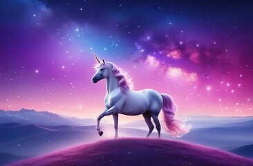 Pink unicorn sky with stars. Cute purple pastel background. Fantasy dreaming galaxy and magic wavy space with fairy light