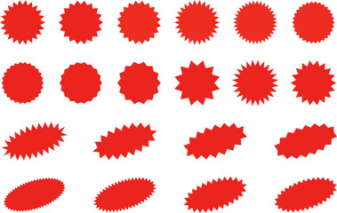 Starburst red sticker set - collection of special offer sale oval and round shaped sunburst labels and badges. Promo stickers with star edges. Vector illustration