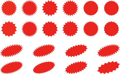 Fototapeta premium Starburst red sticker set - collection of special offer sale oval and round shaped sunburst labels and badges. Promo stickers with star edges. Vector illustration