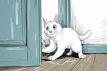 A white cat is standing in front of a blue door, cartoon