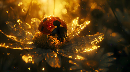 A macro shot capturing the intricate patterns on the back of a red ladybug as it explores the textured surface of a camomile flower, its journey illuminated by the golden rays of the sun - Powered by Adobe