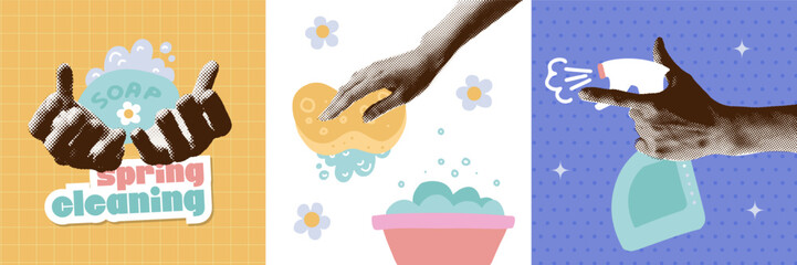 Spring cleaning cards set in trendy vintage halftone collage style. Female hand holding cleaning spray, sponge and soap. Cure retro housekeeping concept. Flat mixed media vector illustration.