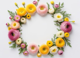 Fototapeta na wymiar yellow, pink and white ranunculus flowers arranges as floral wreath isolated on white background with copy space center. Spring greeting card, summer season, wedding invitation. Beauty salon flyer.