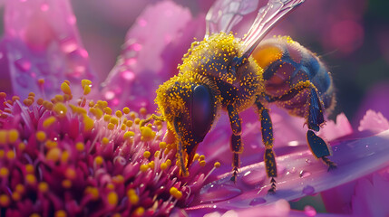 A macro shot of a bee collecting pollen from a vibrant purple flower, with pollen grains visible on its fuzzy body