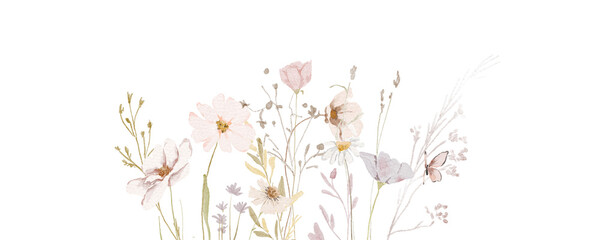 Watercolor Wildflowers border - illustration with delicate flowers, for wedding stationary, greetings, wallpapers, fashion, backgrounds, textures, DIY, wrappers, cards.