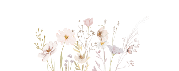 Watercolor Wildflowers border - illustration with delicate flowers, for wedding stationary, greetings, wallpapers, fashion, backgrounds, textures, DIY, wrappers, cards.