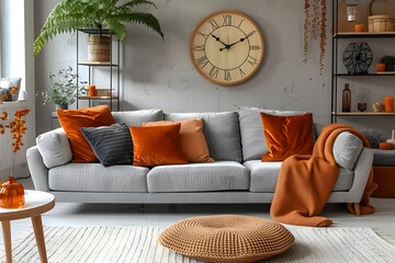 Elegant grey sofa and terra cotta pillows in a modern Scandinavian living room