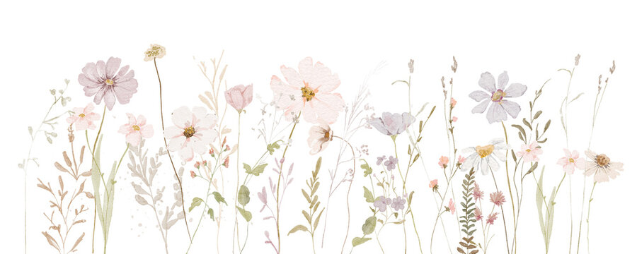 Watercolor Wildflowers border - illustration with delicate flowers, for wedding stationary, greetings, wallpapers, fashion, backgrounds, textures, DIY, wrappers, cards.