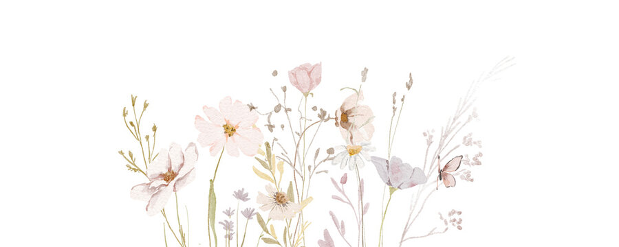 Watercolor Wildflowers border - illustration with delicate flowers, for wedding stationary, greetings, wallpapers, fashion, backgrounds, textures, DIY, wrappers, cards.