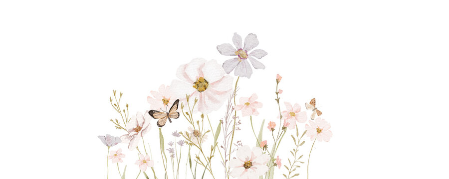 Watercolor Wildflowers border - illustration with delicate flowers, for wedding stationary, greetings, wallpapers, fashion, backgrounds, textures, DIY, wrappers, cards.