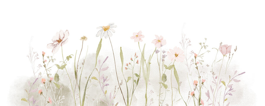 Watercolor Wildflowers border - illustration with delicate flowers, for wedding stationary, greetings, wallpapers, fashion, backgrounds, textures, DIY, wrappers, cards.