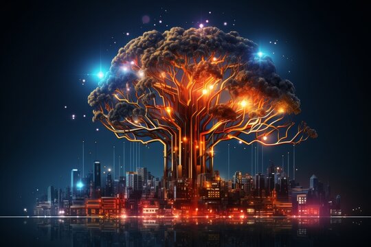 A futuristic model of the human brain connected to a digital network. An illustration of futuristic artificial intelligence and technology development