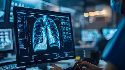 Medical AI analyzing lung scan for pneumonia treatment on computer screen. Concept Medical AI, Lung Scan, Pneumonia Treatment, Computer Screen, Healthcare Technology