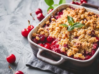 Cherry crumble in baking dish