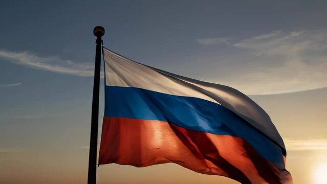 Russian flag on the background of sunset