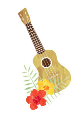 花とウクレレのハワイアンな水彩イラスト