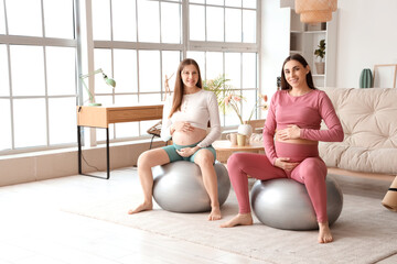 Pregnant female friends training on fitballs at home