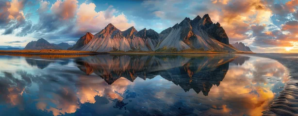 Papier Peint photo Lavable Réflexion panoramic photography of Vestrahorn mountain in Iceland, reflecting on the water at sunset, with beautiful clouds and sky