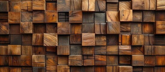 A detailed closeup of a brown hardwood wall made of rectangular wooden cubes. The pattern resembles a brick facade, showcasing the beauty of the building material