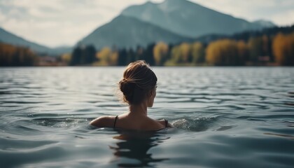 A woman swims in a lake with a mountain in the background - obrazy, fototapety, plakaty