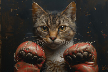 A cat wearing red boxing gloves looking directly at the camera