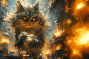 A cat standing amidst flames from a fire