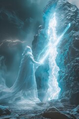 Ancient White Wizard Casts Blue Lightning from Sword at Ice Cave Entrance - obrazy, fototapety, plakaty