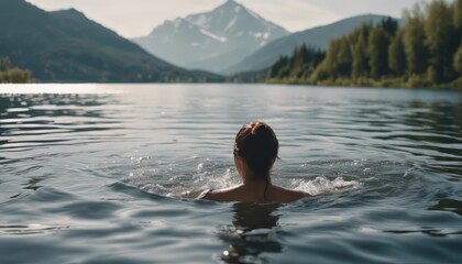 A woman swims in a lake with a mountain in the background