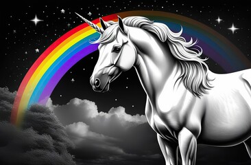 Obraz na płótnie Canvas Cute unicorn on a rainbow with stars. Black and white illustration