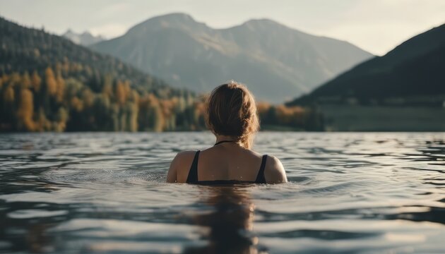 A woman swims in a lake with a mountain in the background - Powered by Adobe