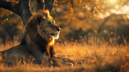 A majestic lion resting under the shade of an acacia tree on the African savanna, its golden mane glowing in the sunlight - obrazy, fototapety, plakaty