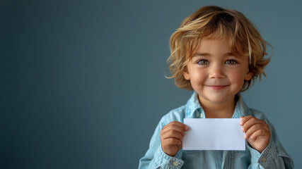 Adorable boy with tousled hair and bright eyes holds a blank card with space for text on blue background